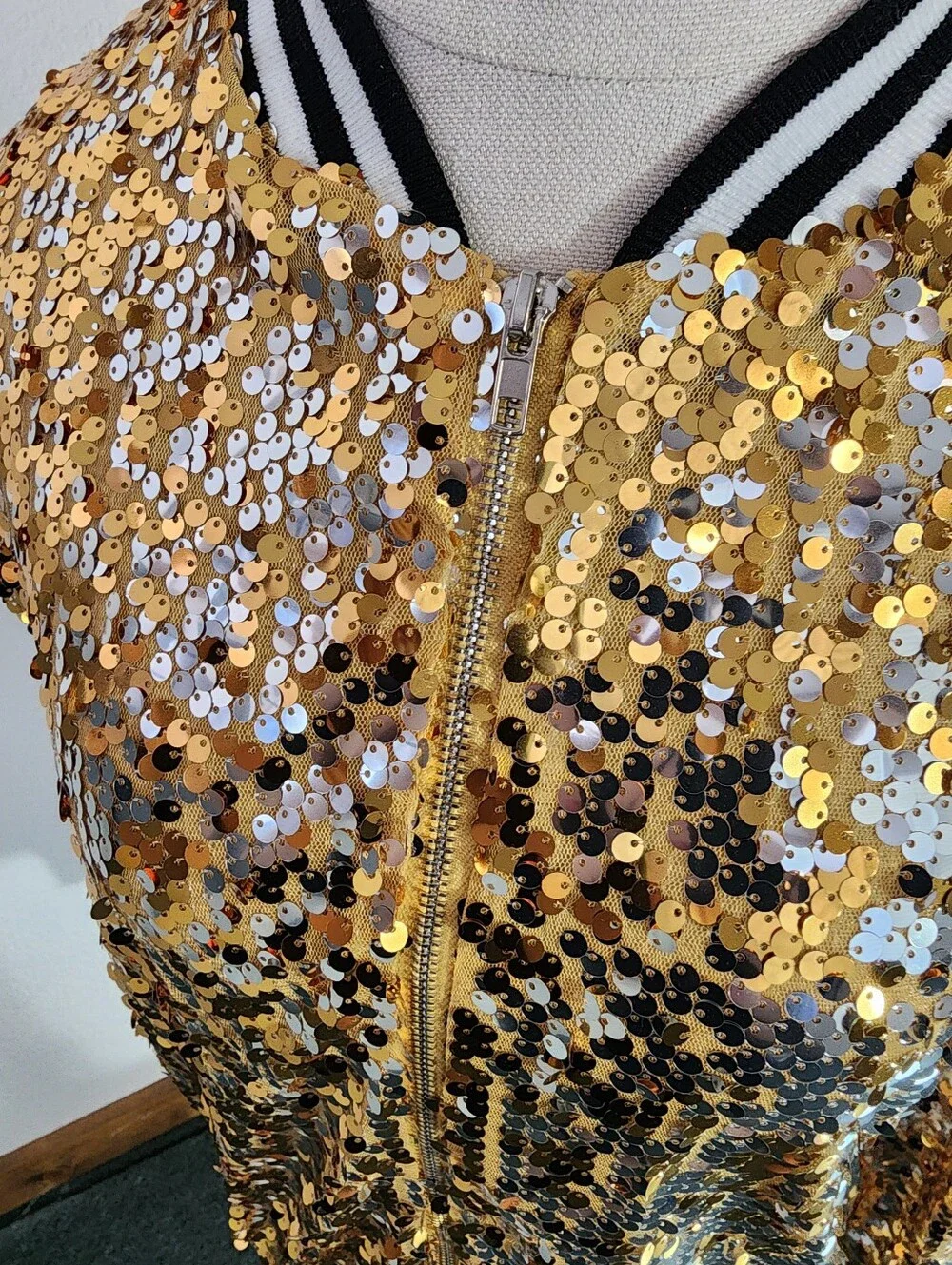 Anna-Kaci Jacket Gold Sequin Bomber Style Sparling Gold Size S - Picture 7 of 17